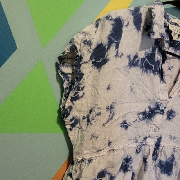 Rachel Zoe Women's Linen Blouse White And Blue Tie Dye Ruffle Hem  Size Medium - Picture 6 of 7